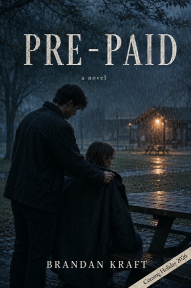Pre-Paid — a novel by Brandan Kraft: a man drapes his jacket over a young woman in the rain